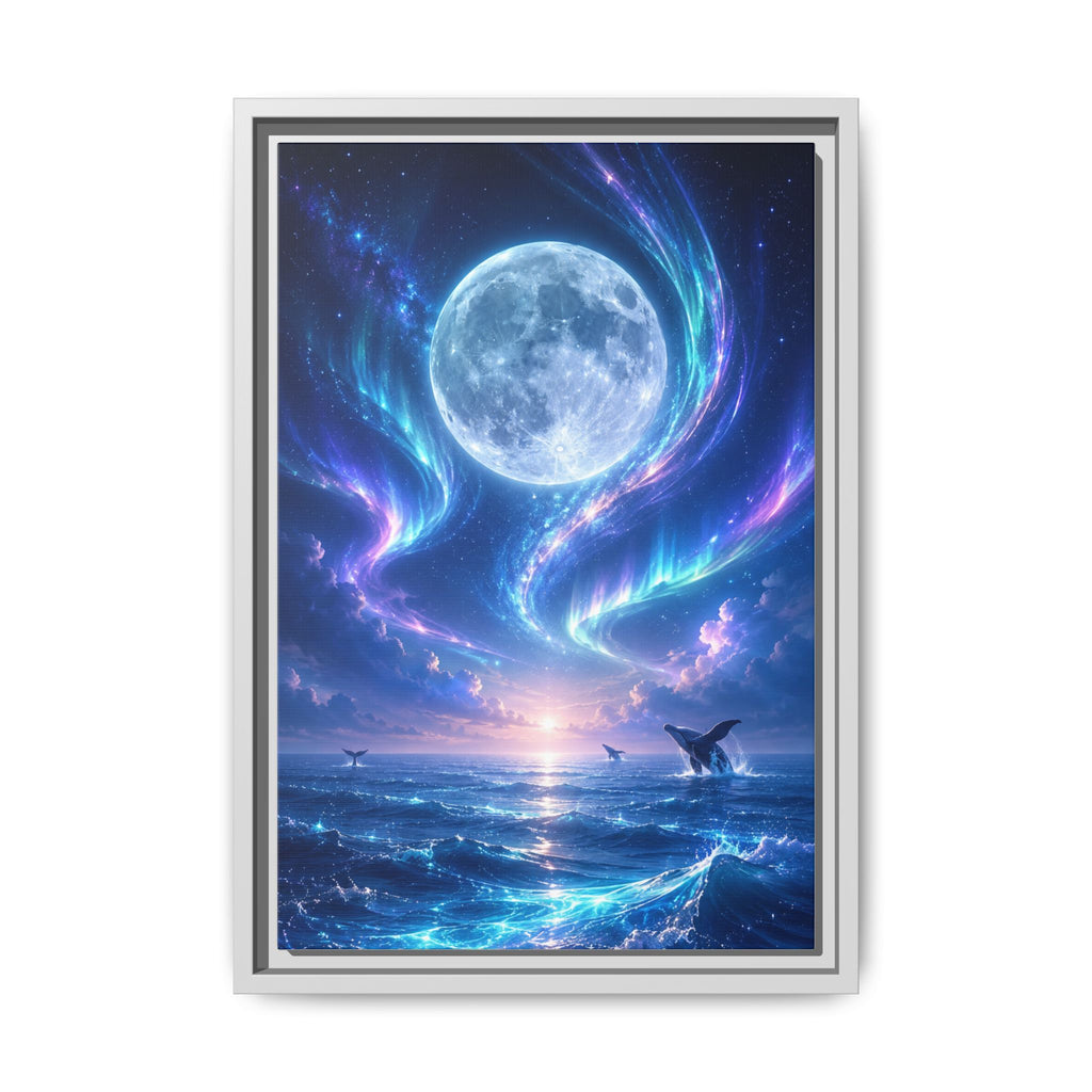 Framed Canvas Art - Lunar Aurora Ocean Scene