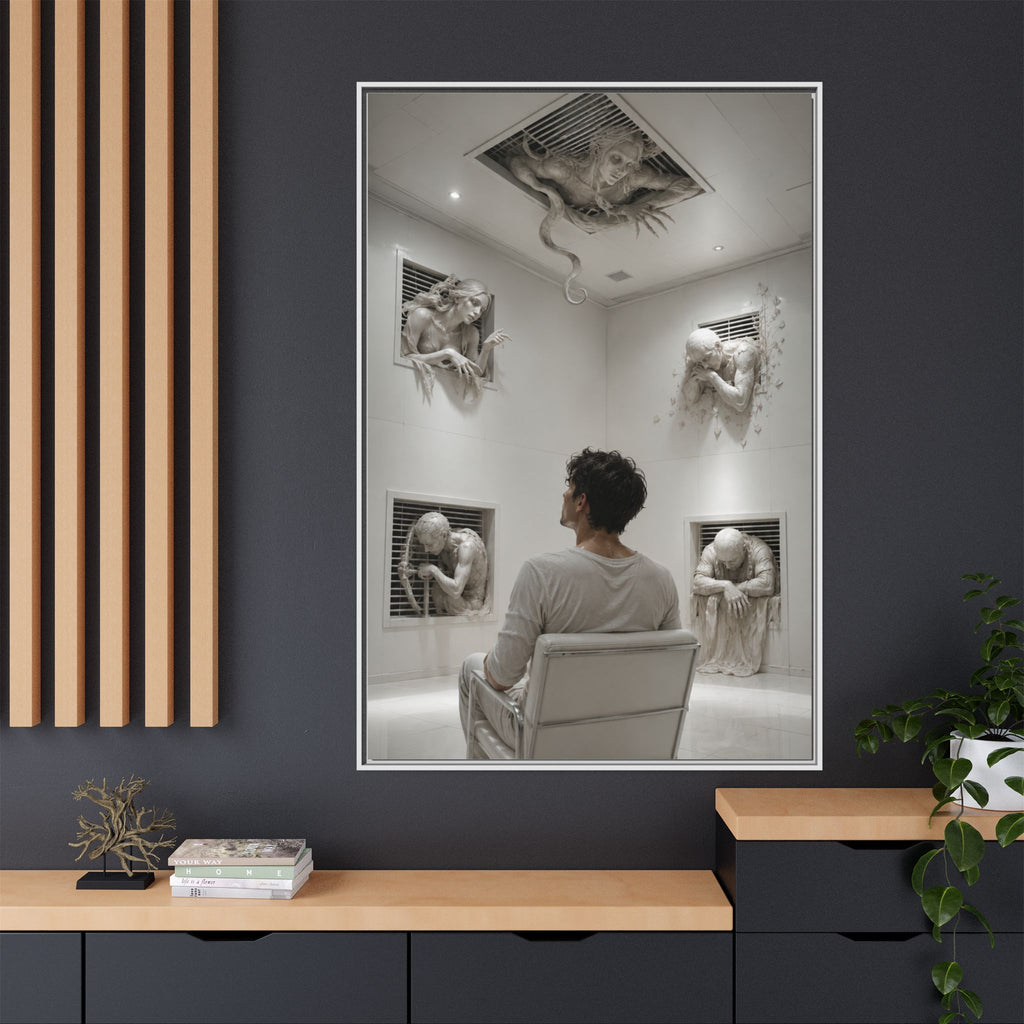 Surreal Wall Art Canvas — Man in Gallery with Sculpted Figures, Framed Matte Print