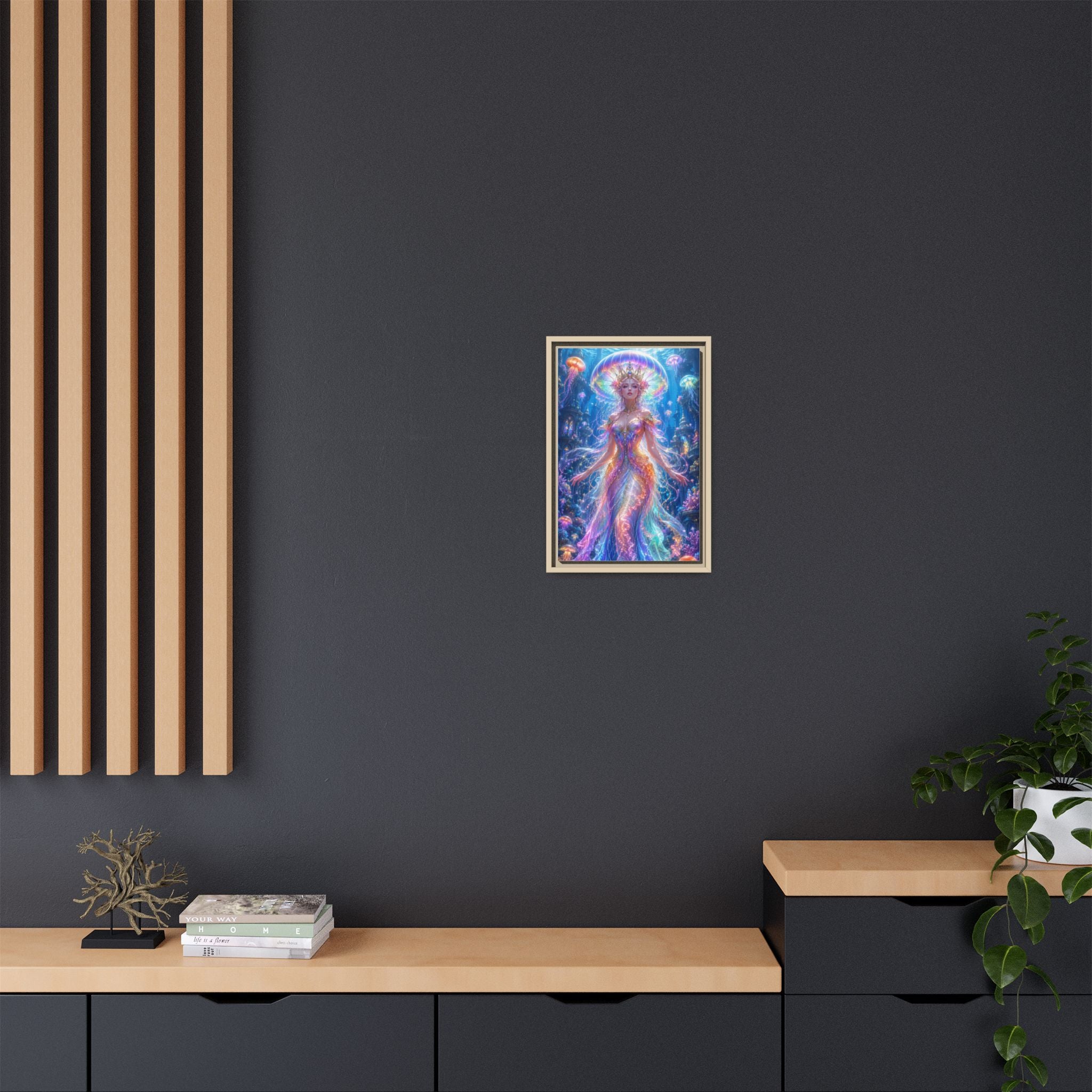 Jellyfish Queen Framed Canvas Art — Vibrant Mermaid Goddess Wall Print