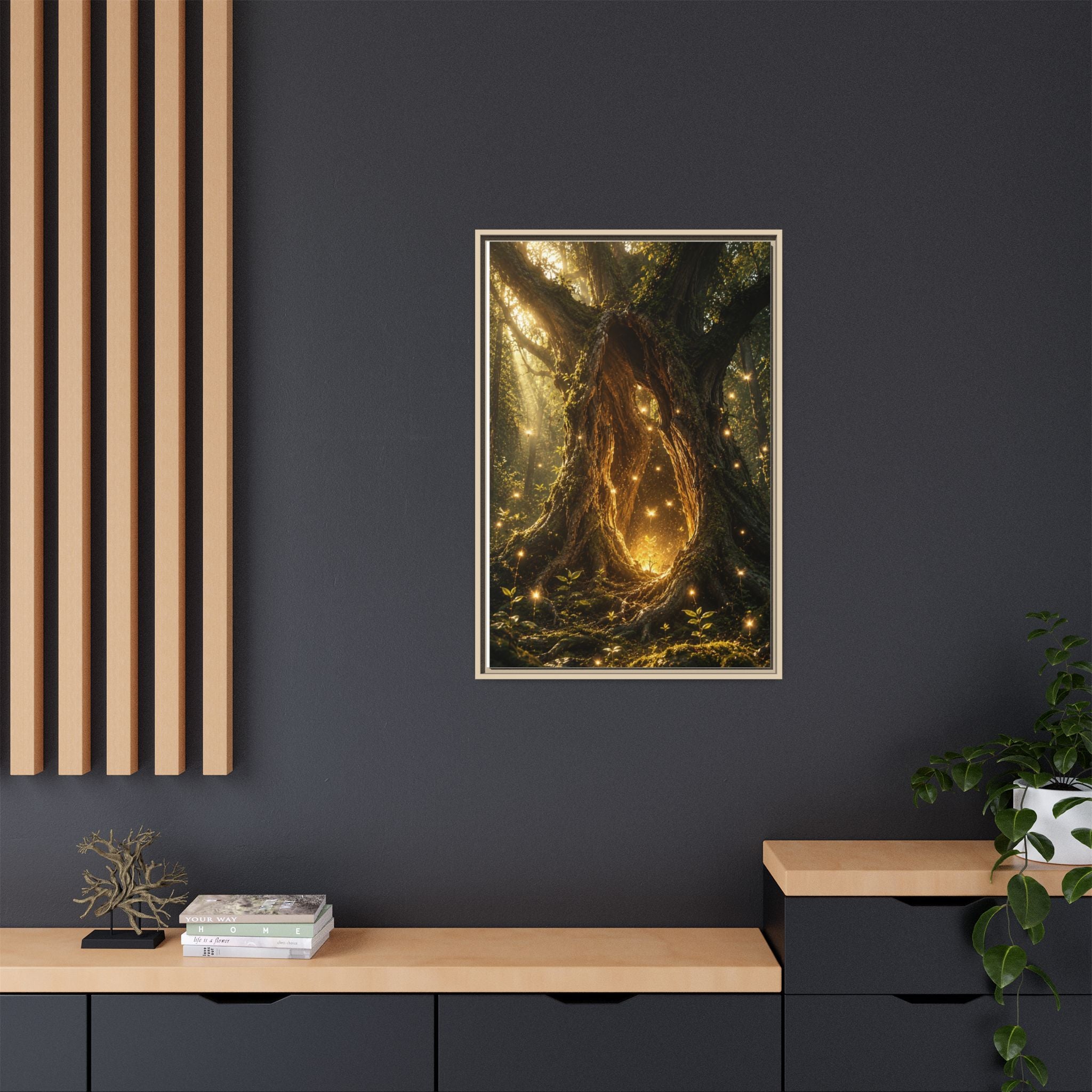 Framed Canvas Art - Enchanted Forest Tree with Glowing Fireflies
