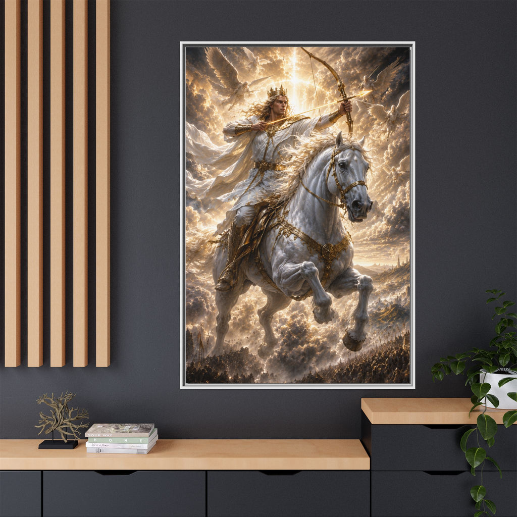Mythic Warrior on White Steed — Framed Matte Canvas Wall Art