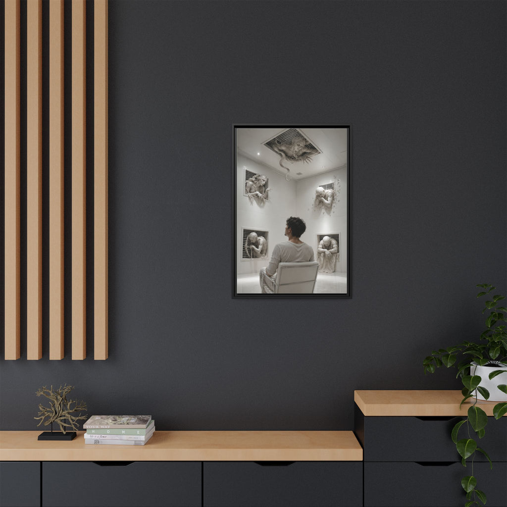 Surreal Wall Art Canvas — Man in Gallery with Sculpted Figures, Framed Matte Print