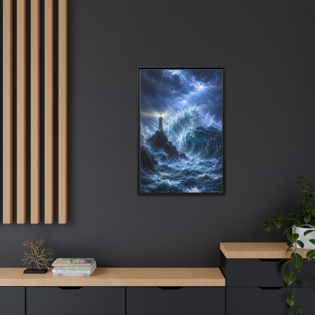 Framed Matte Canvas – Stormy Lighthouse Ocean Print