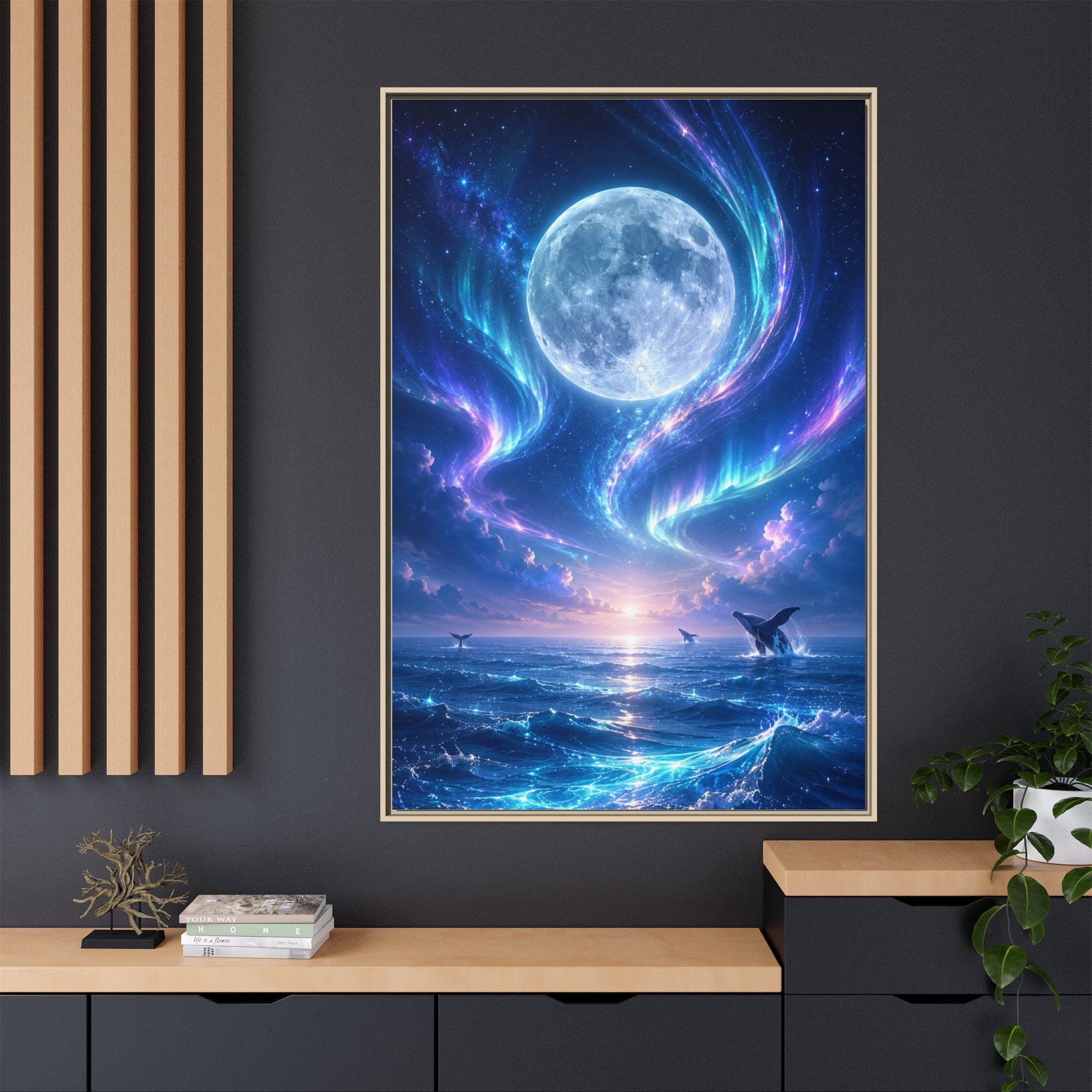 Framed Canvas Art - Lunar Aurora Ocean Scene