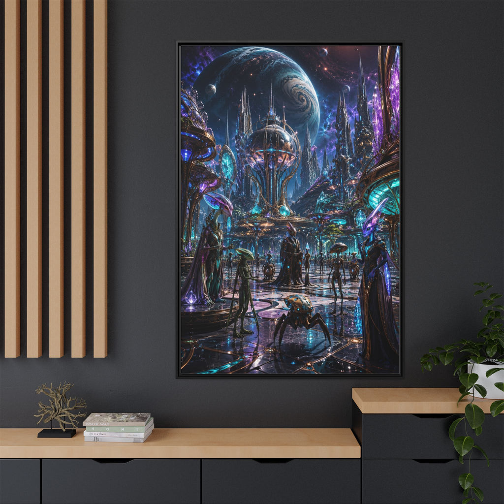 Framed Matte Canvas - Neon Sci‑Fi Cityscape Wall Art