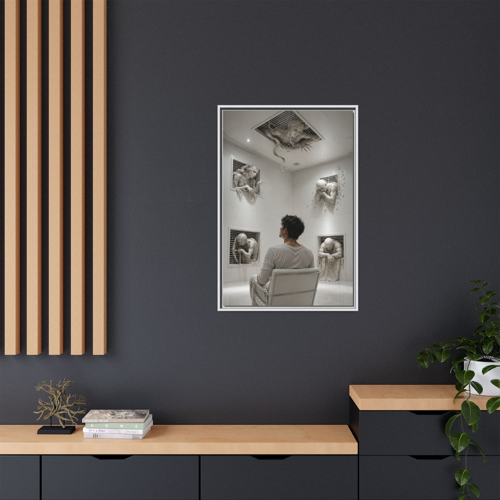 Surreal Wall Art Canvas — Man in Gallery with Sculpted Figures, Framed Matte Print