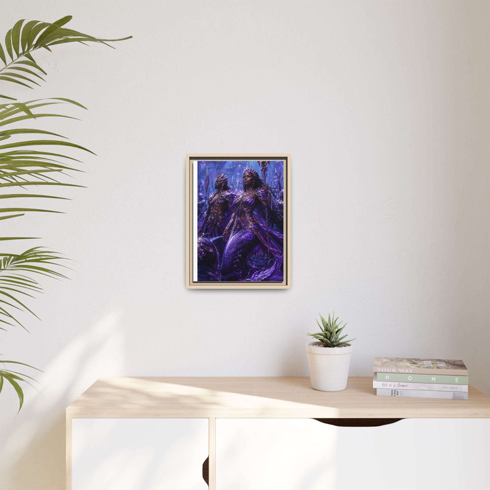 Framed Matte Canvas Print — Regal Underwater Merfolk Royalty (Purple)