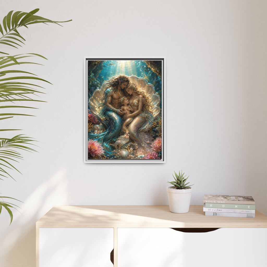 Framed Mermaid Family Art Print — Oceanic Fantasy Canvas Wall Decor