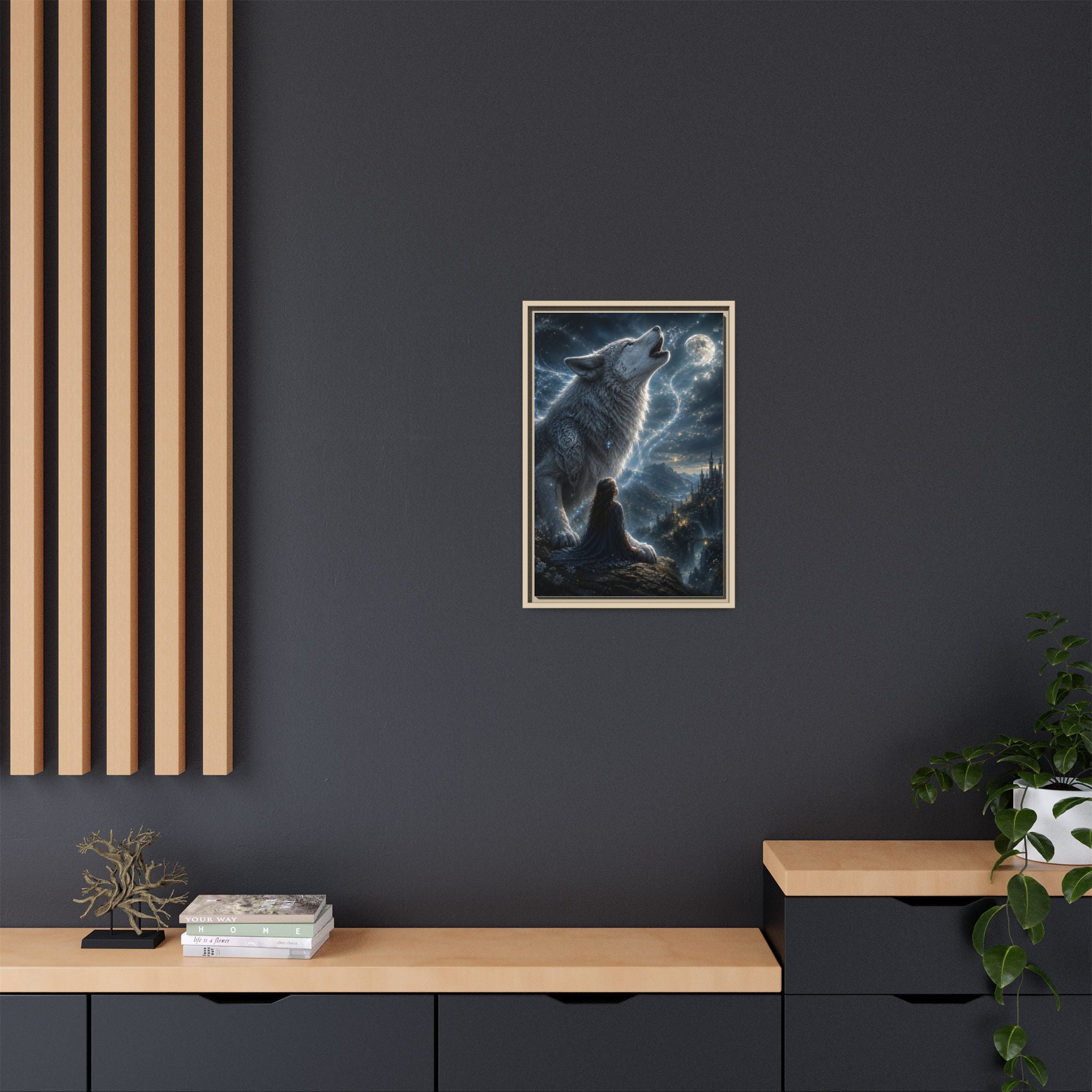 Howling Wolf Moon Matte Canvas Print — Framed Fantasy Wall Art