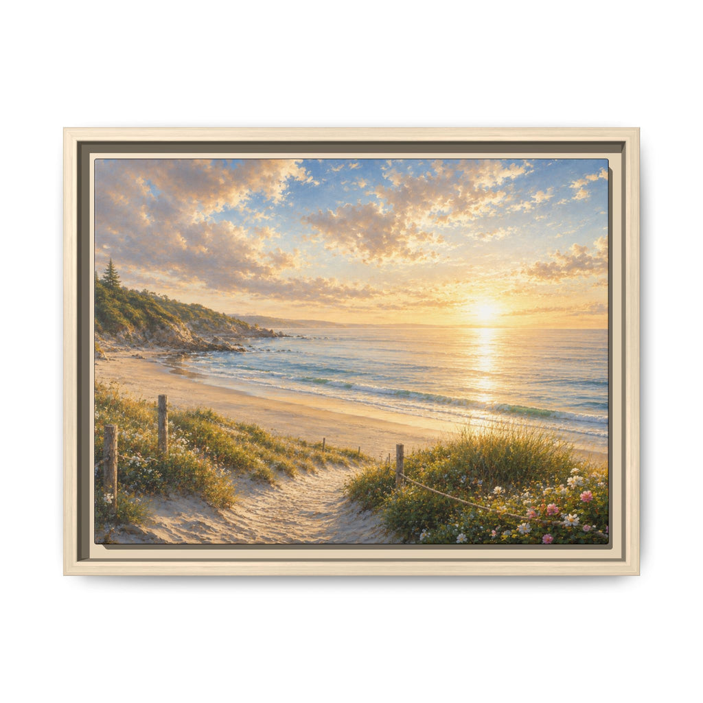 Framed Framed Canvas: Golden Beach Sunrise Seascape Wall Art
