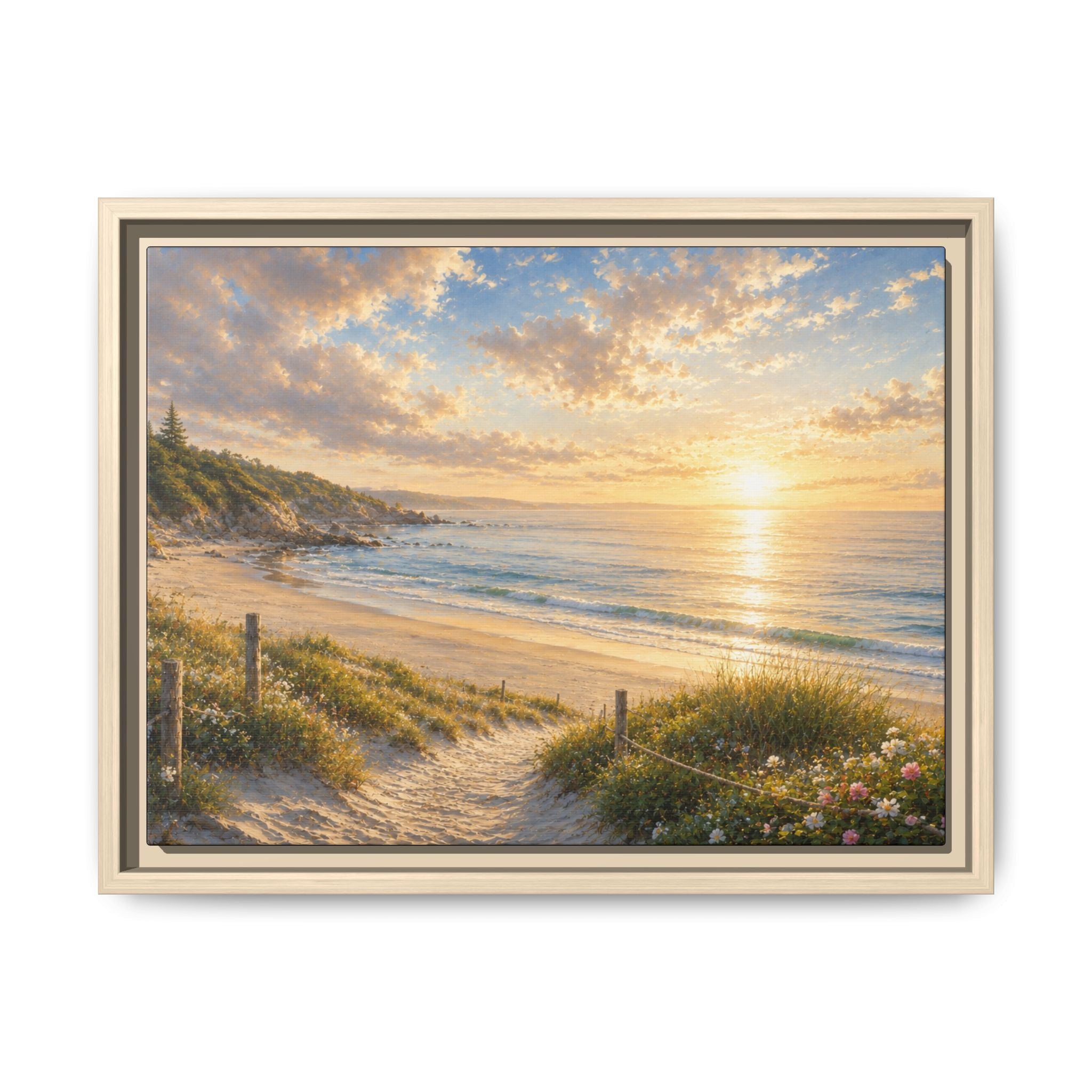 Framed Framed Canvas: Golden Beach Sunrise Seascape Wall Art