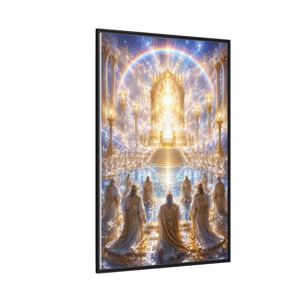Heavenly Throne Room Matte Framed Canvas — Golden Angelic Realm Wall Art