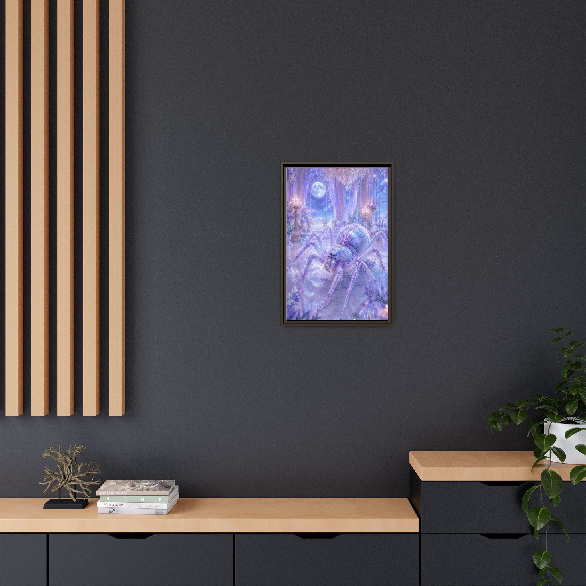 Moonlit Spider Fantasy Canvas Print — Lavender Enchanted Wall Art (Framed)