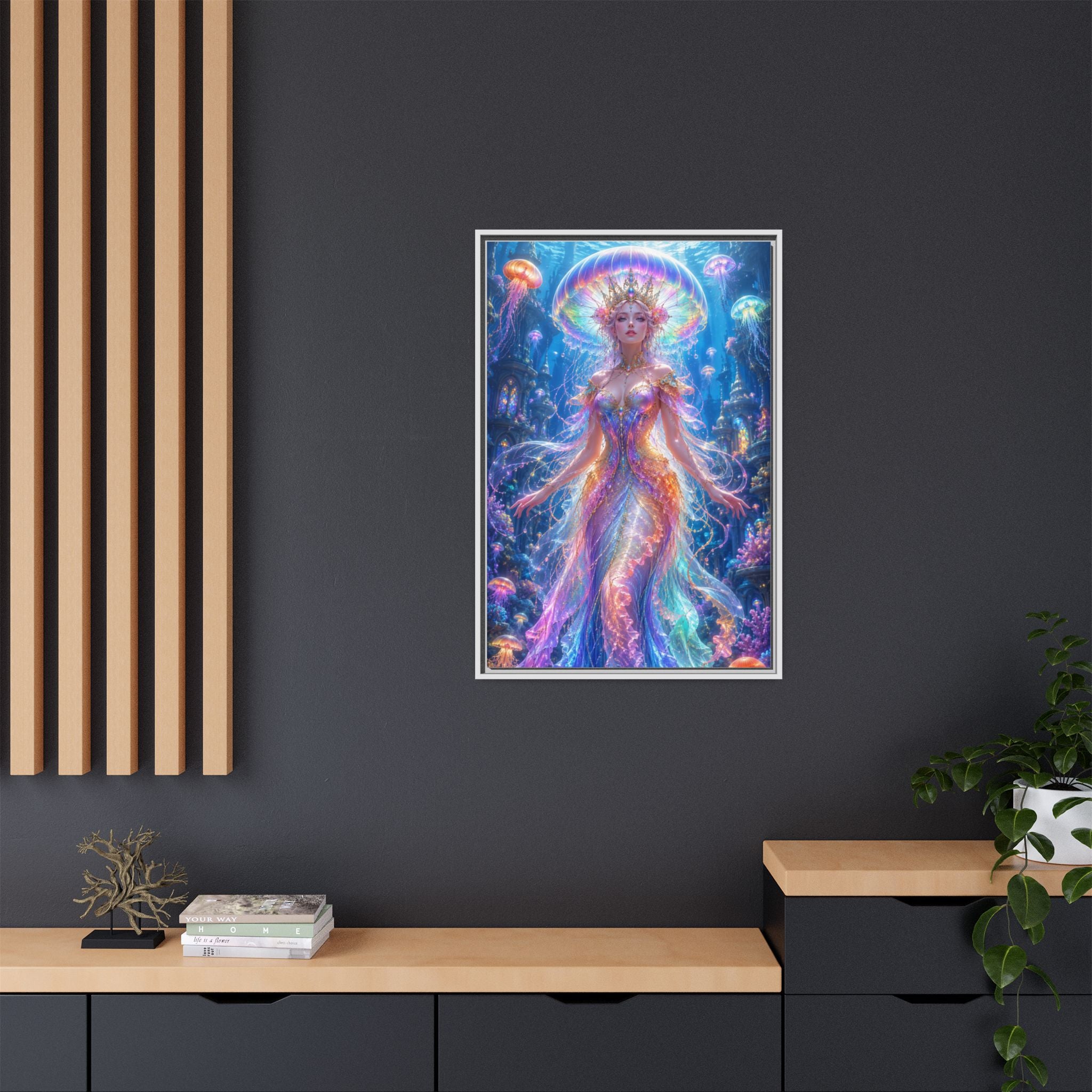 Jellyfish Queen Framed Canvas Art — Vibrant Mermaid Goddess Wall Print
