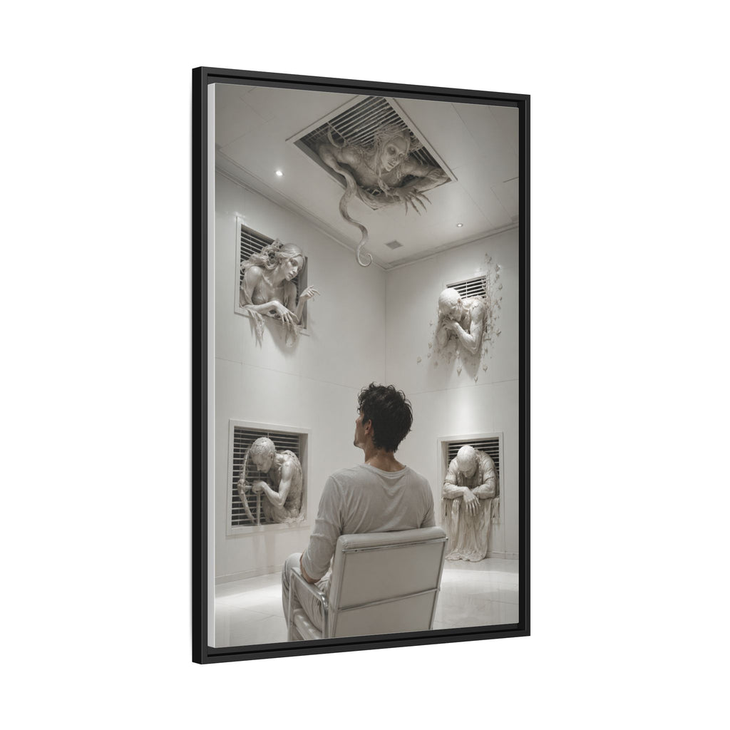 Surreal Wall Art Canvas — Man in Gallery with Sculpted Figures, Framed Matte Print