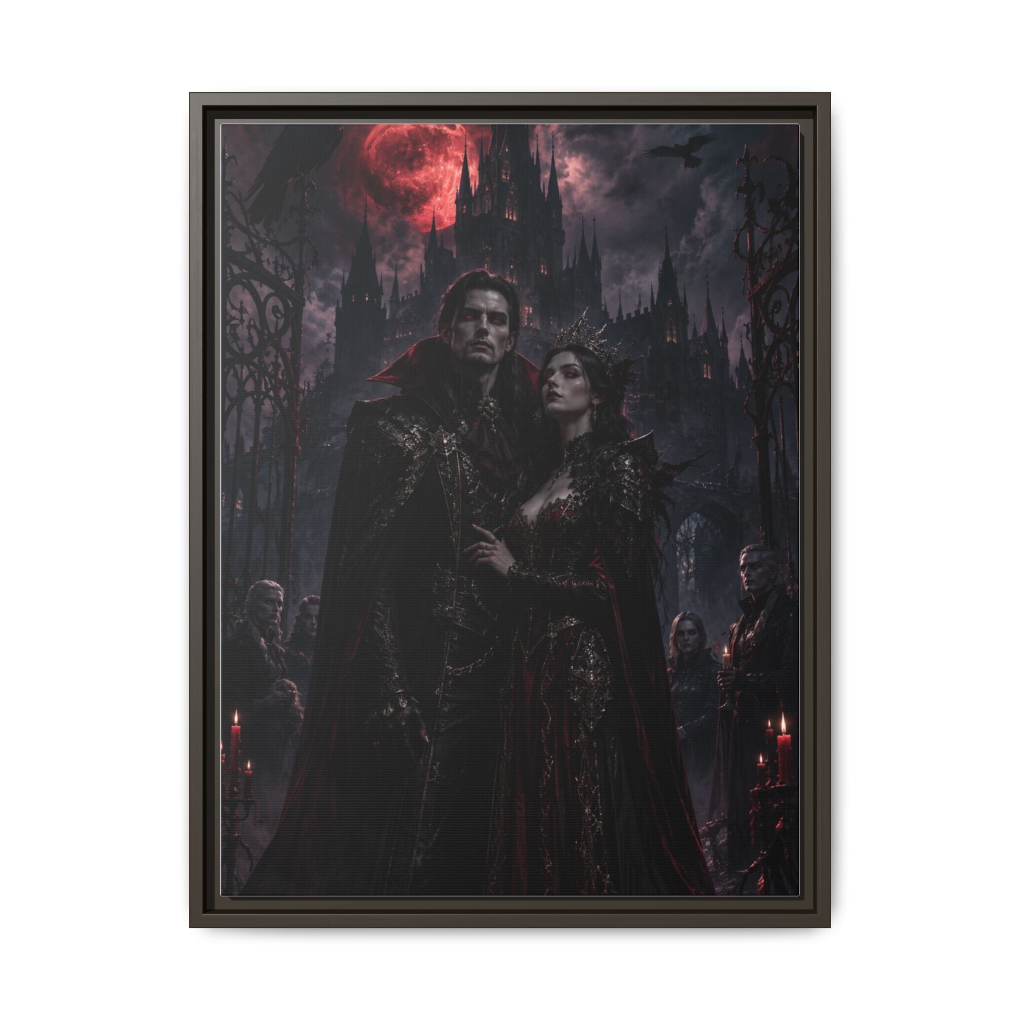 Vampire Couple Matte Framed Canvas Art – Gothic Red Moon Wall Decor