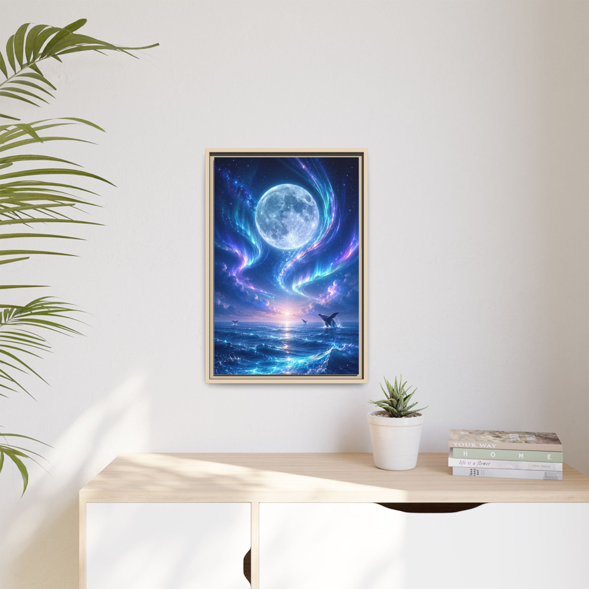Framed Canvas Art - Lunar Aurora Ocean Scene