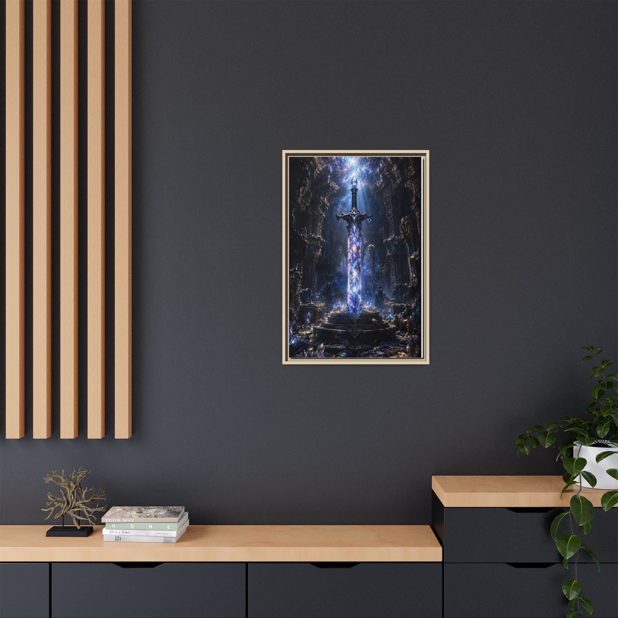 Framed Fantasy Sword Canvas — Mystical Glowing Blade Wall Art