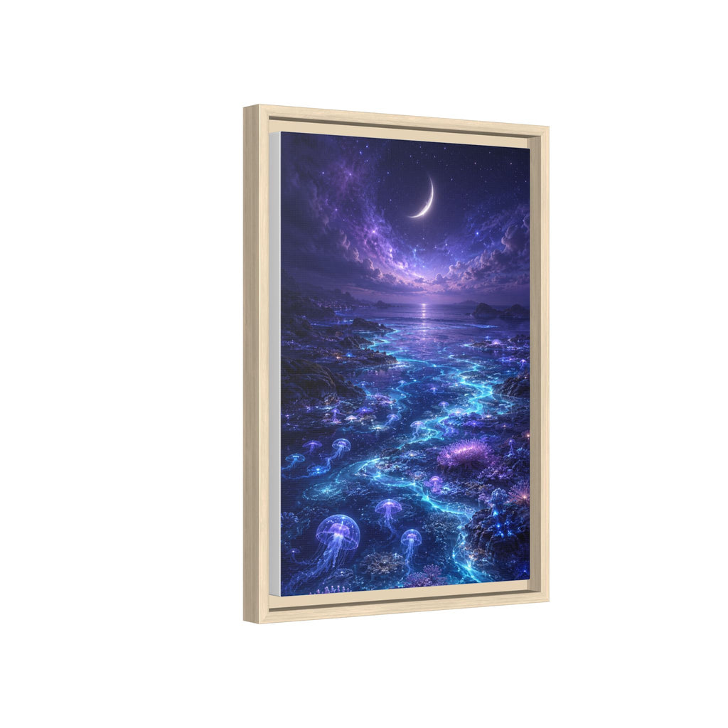 Framed Canvas Art — Bioluminescent Moonlit Ocean Scene