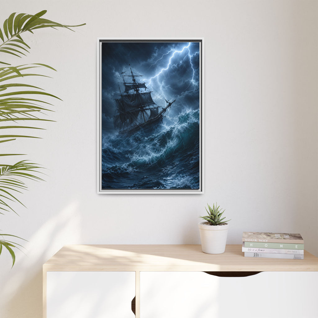 Stormy Seas Ship Painting — Framed Matte Canvas Wall Art