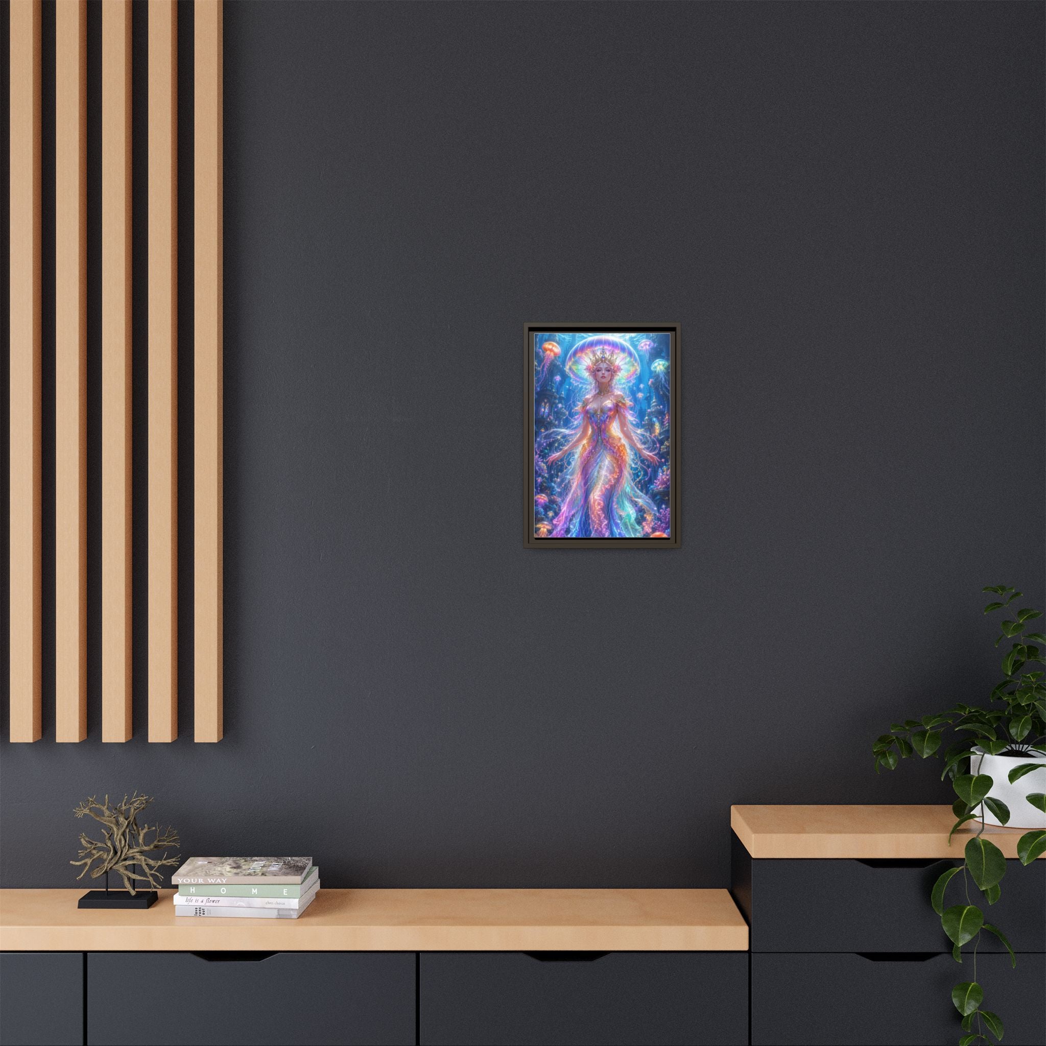 Jellyfish Queen Framed Canvas Art — Vibrant Mermaid Goddess Wall Print